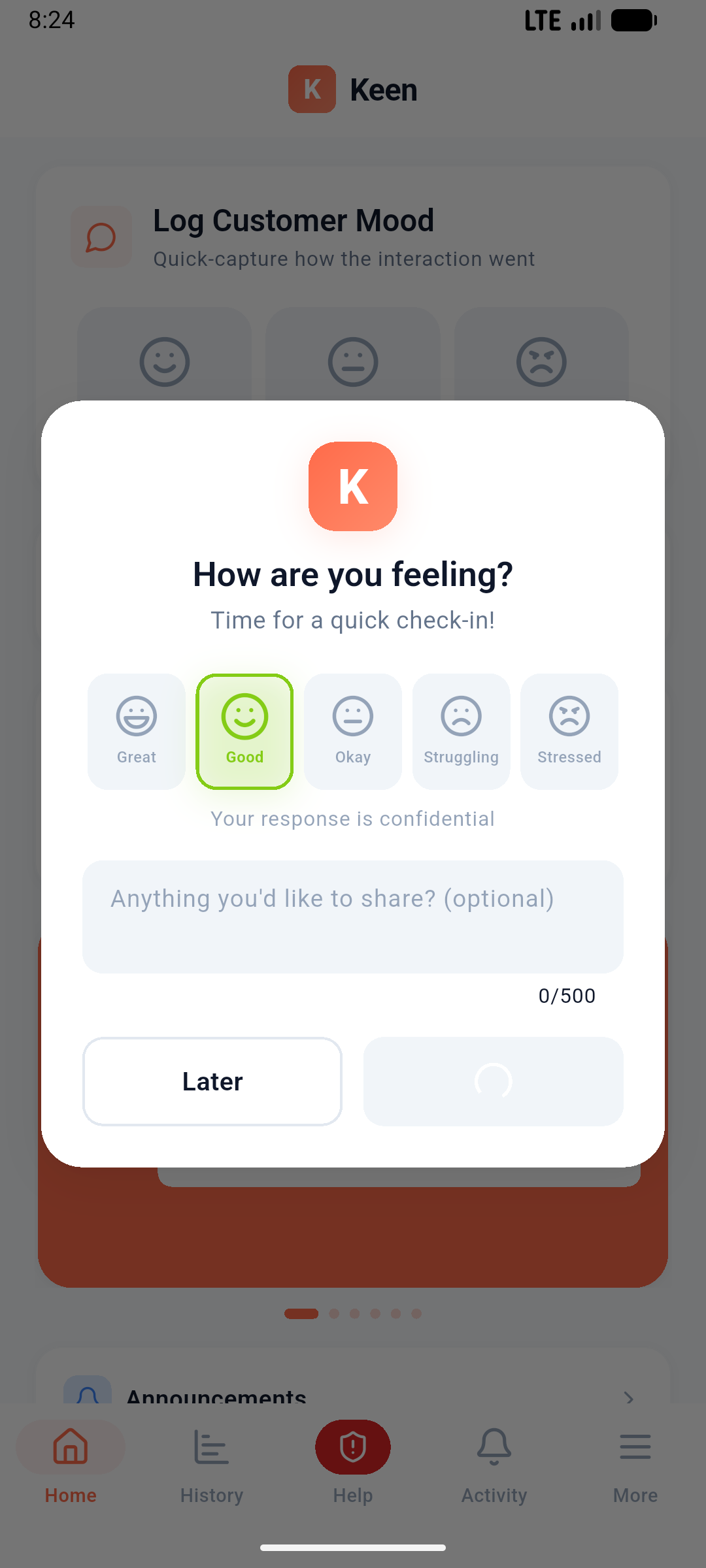 Staff mood check-in interface