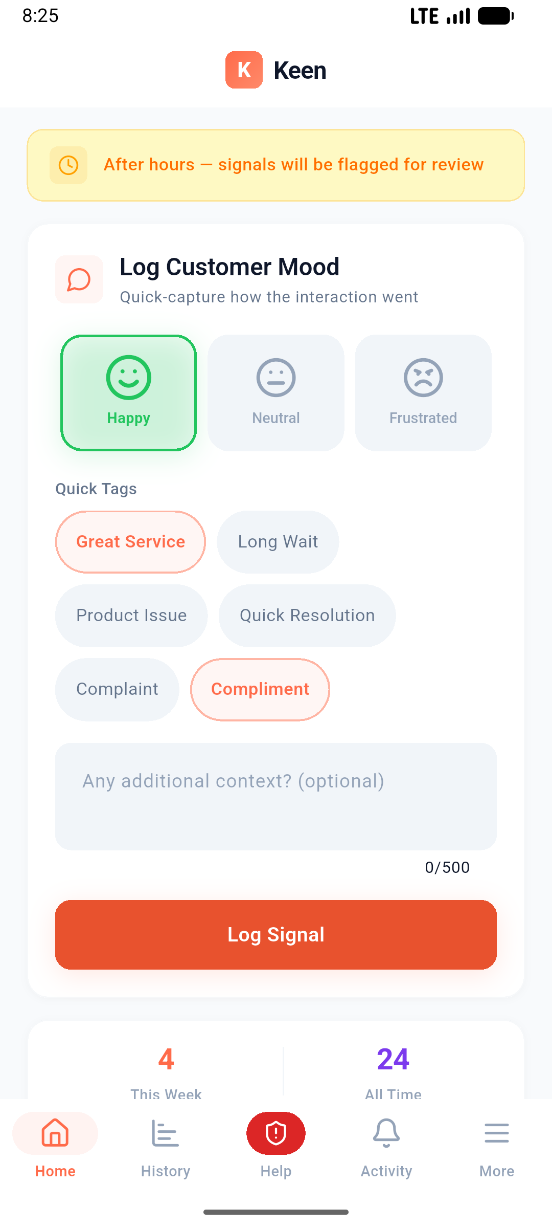 Staff app showing one-tap mood capture